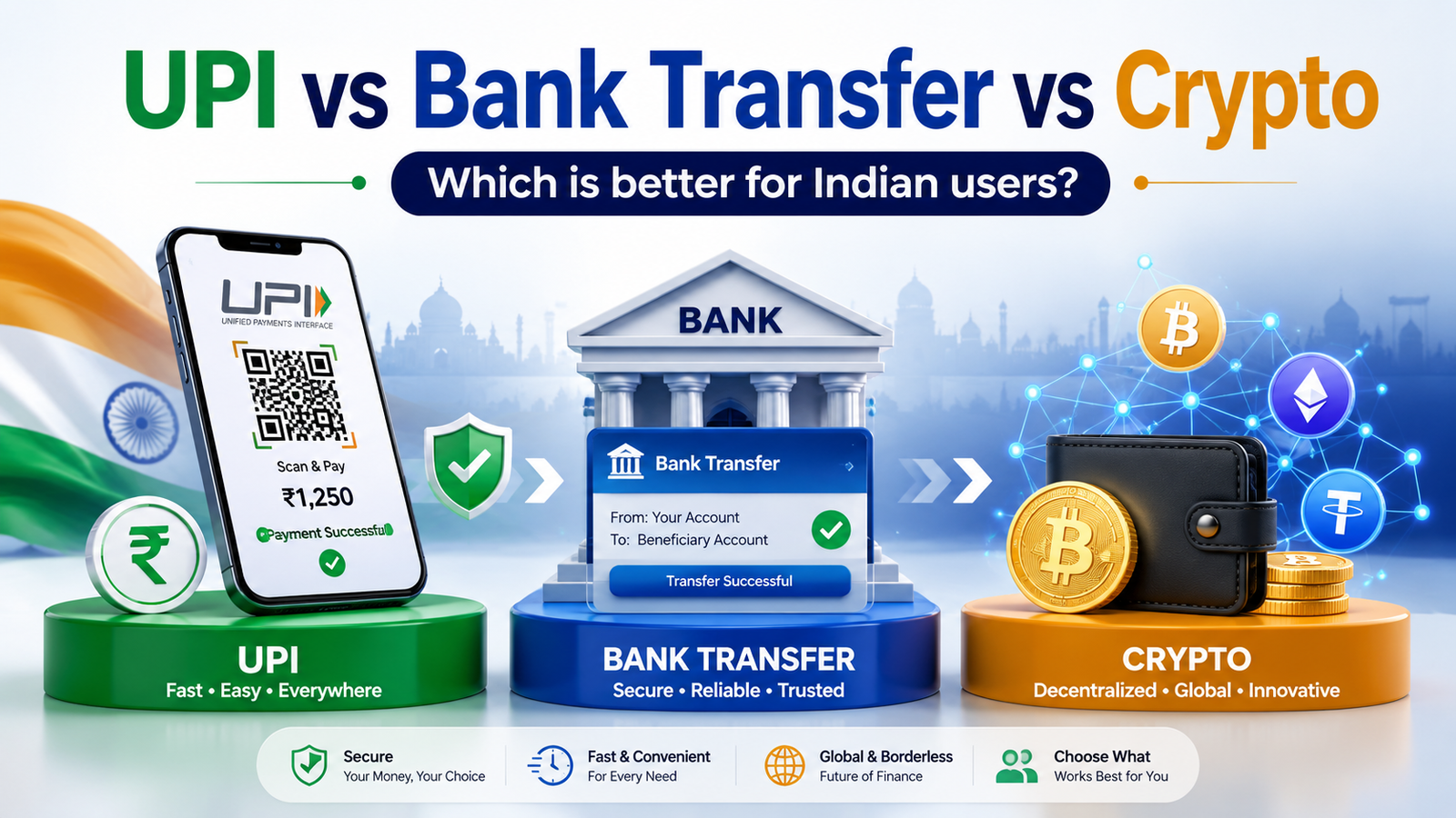 UPI, bank transfer, and crypto payment comparison for Indian users