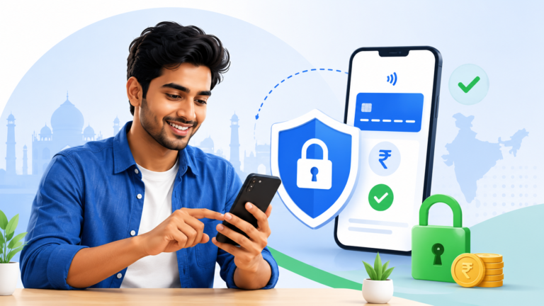 Indian user checking a secure digital payment on a smartphone