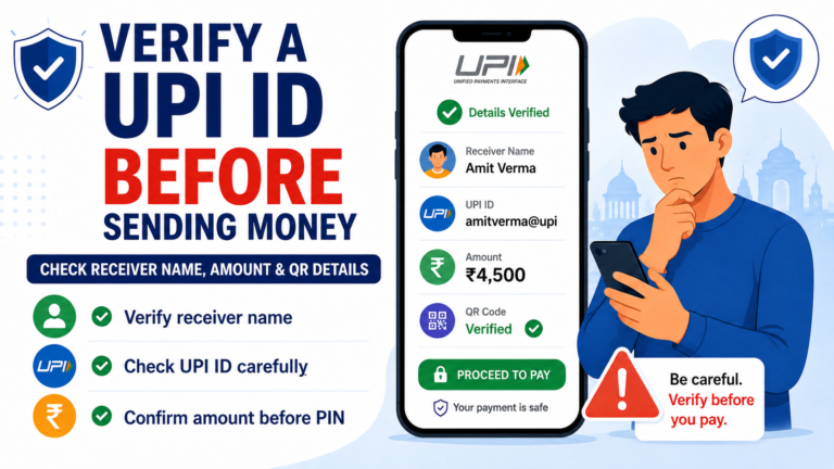Indian user verifying a UPI ID, receiver name and amount before sending money