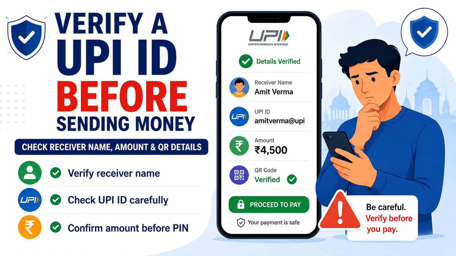 Indian user verifying a UPI ID, receiver name and amount before sending money