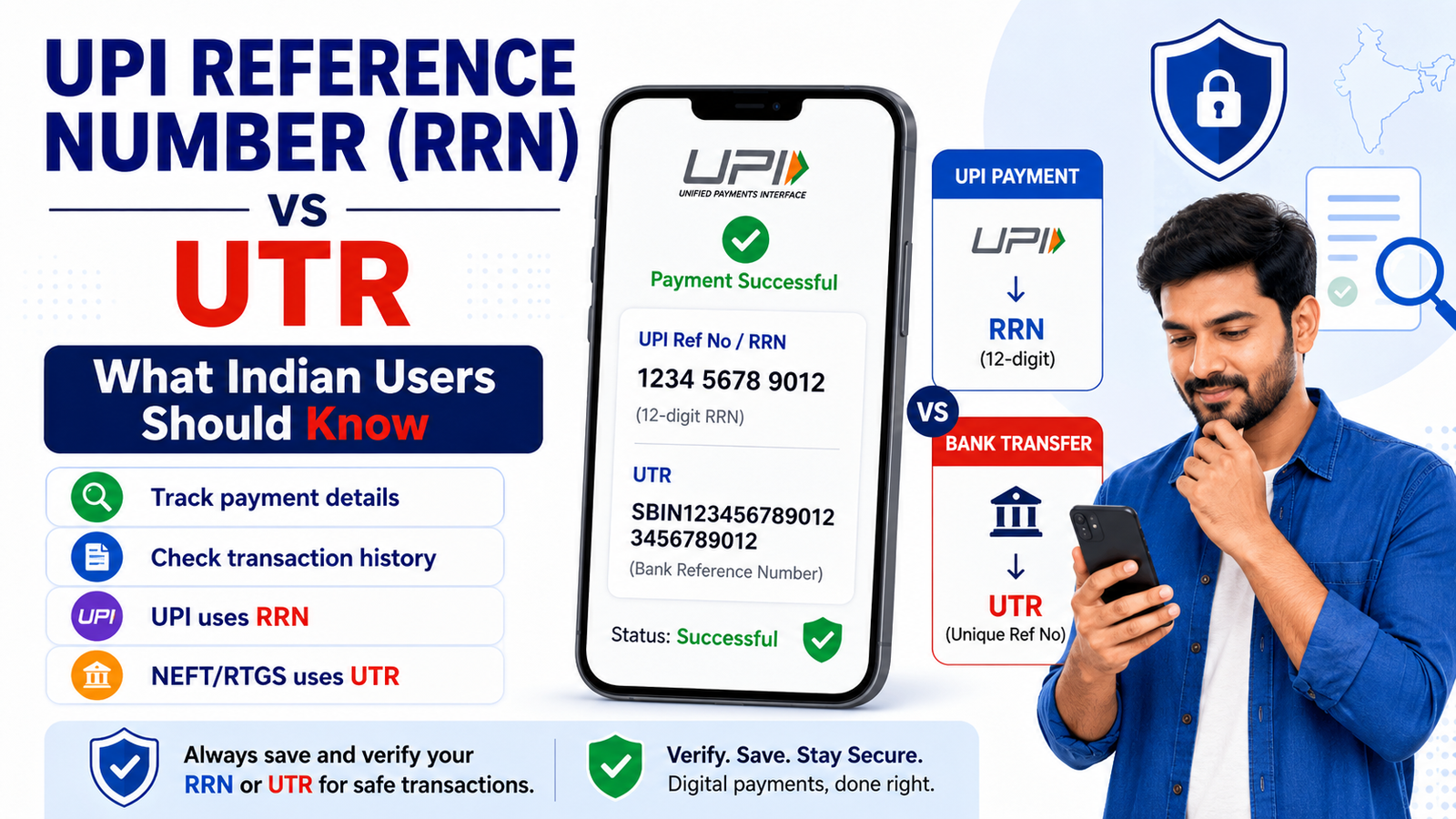 Indian user checking the difference between a UPI reference number RRN and a UTR for digital payments