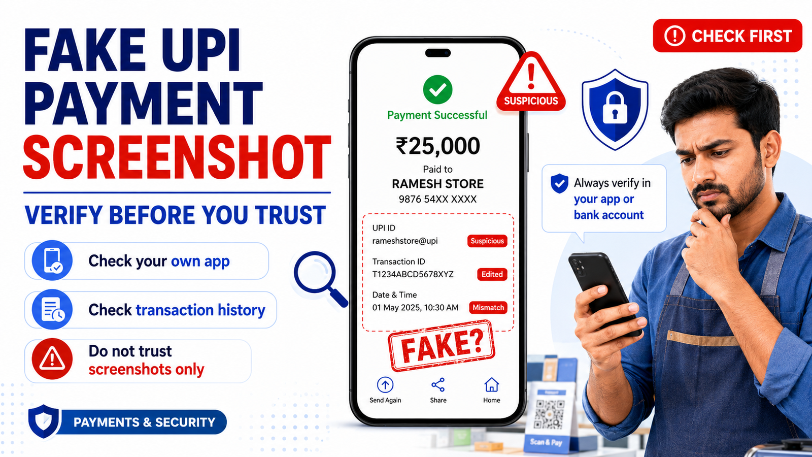 Indian merchant checking a suspicious fake UPI payment screenshot before trusting the transaction