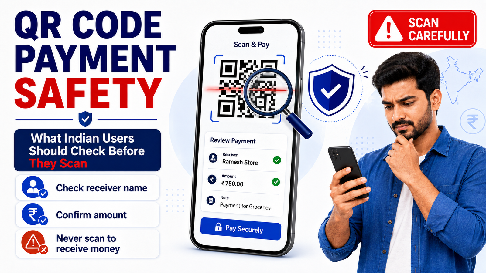 Indian user checking the receiver name and amount before making a UPI QR code payment