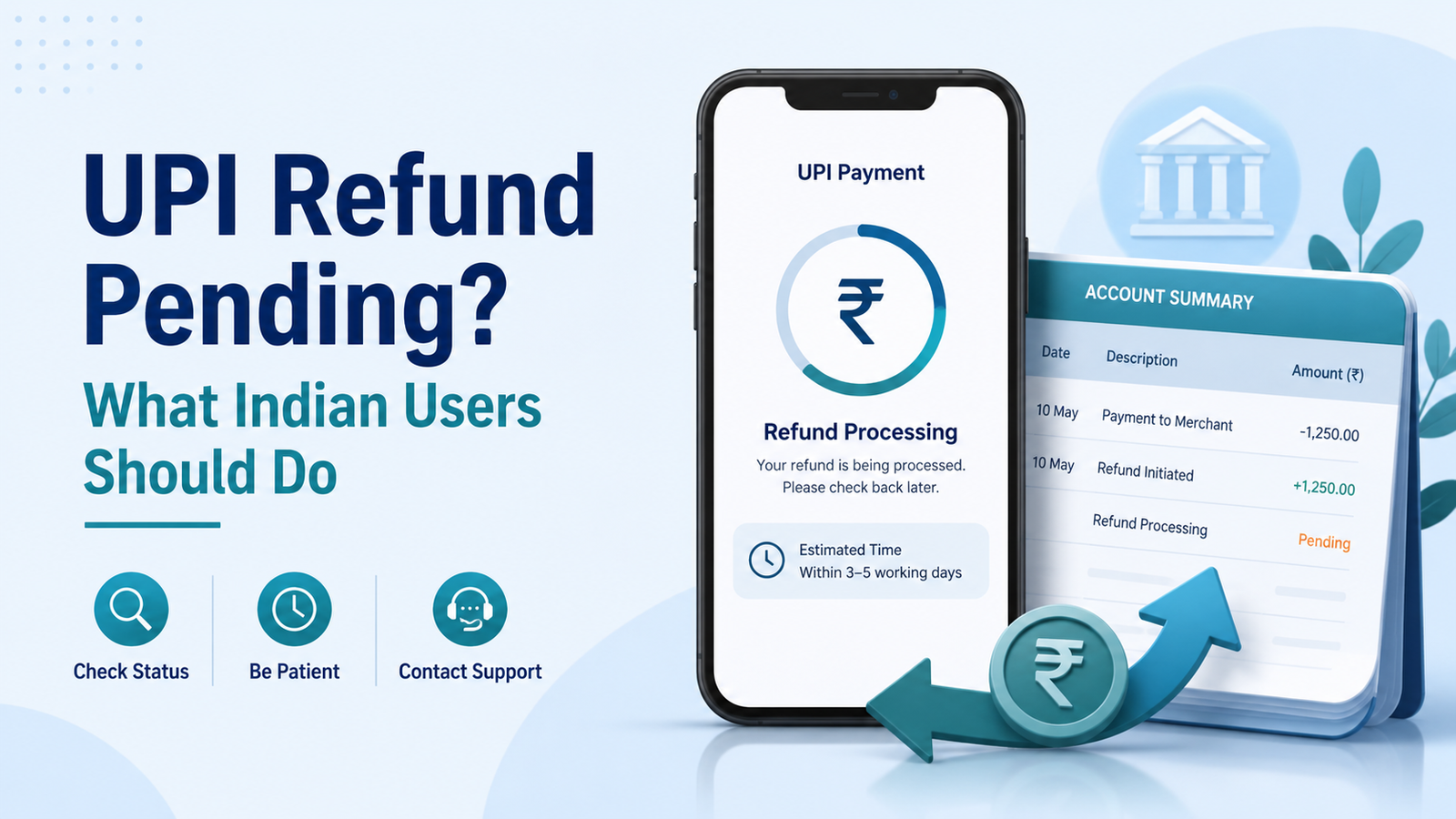 UPI refund pending illustration showing refund processing status and support steps for Indian users