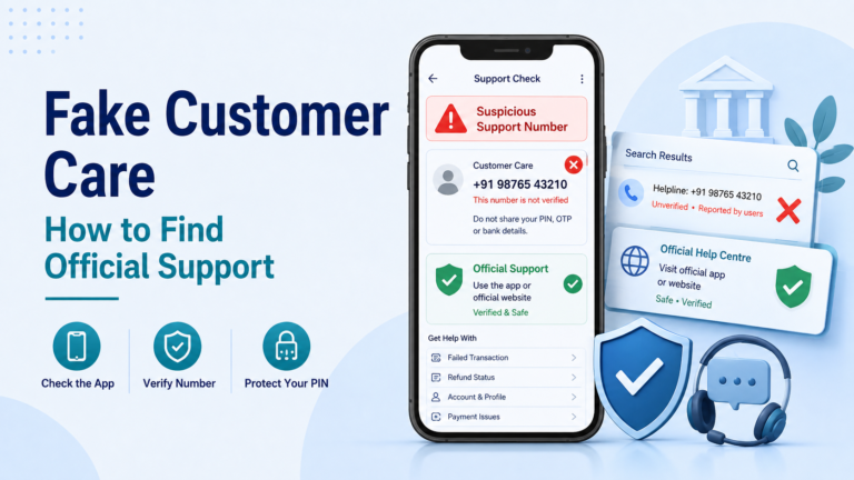 Fake customer care number warning showing suspicious support details and official payment support options for Indian users