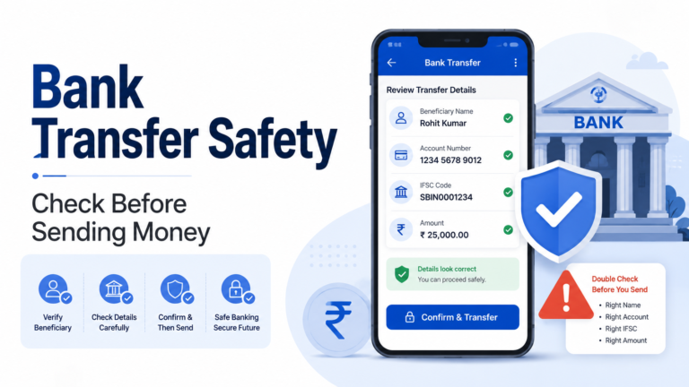 Bank transfer safety illustration showing beneficiary name, account number, IFSC, amount, and security checks before sending money