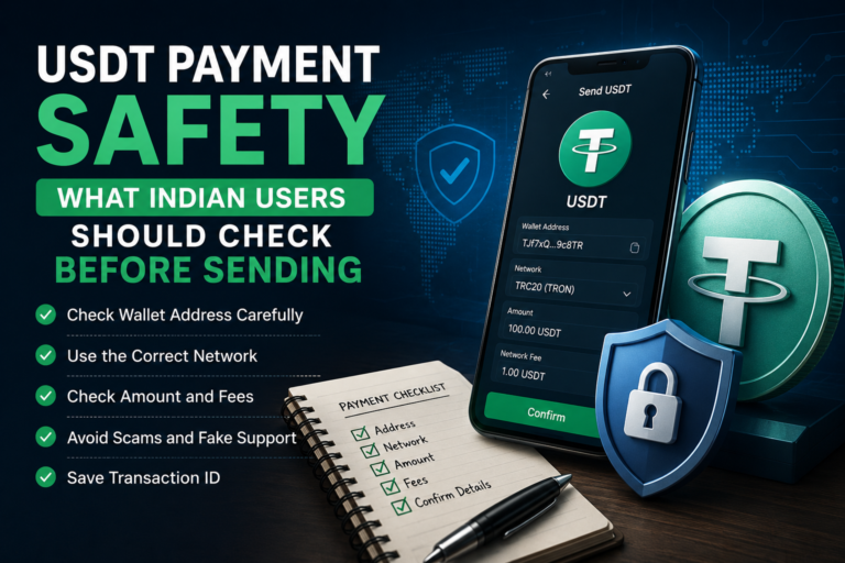 USDT payment safety illustration showing a digital wallet, secure transfer, and blockchain network check for Indian users