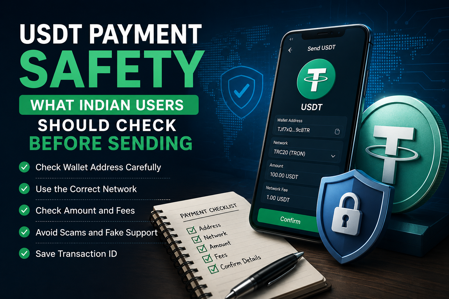 USDT payment safety illustration showing a digital wallet, secure transfer, and blockchain network check for Indian users