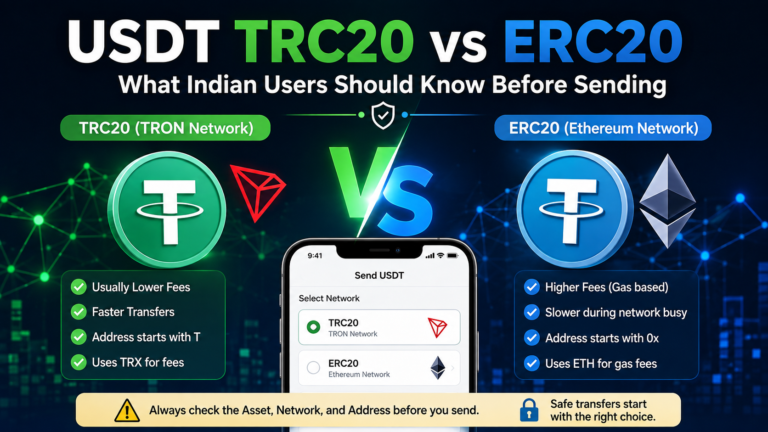 USDT TRC20 vs ERC20 comparison showing TRON and Ethereum network options before sending USDT