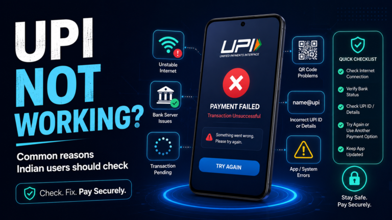 UPI not working troubleshooting guide showing payment failed, bank server issues, unstable internet, QR code problems and UPI ID checks
