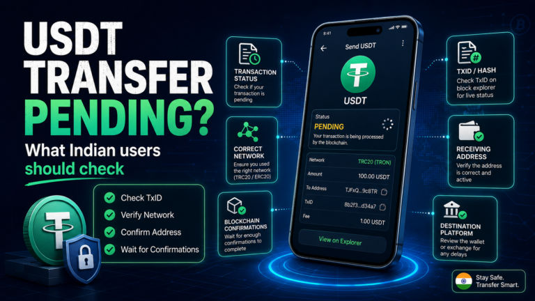 USDT transfer pending troubleshooting guide showing transaction status, network, wallet address and blockchain checks before sending again