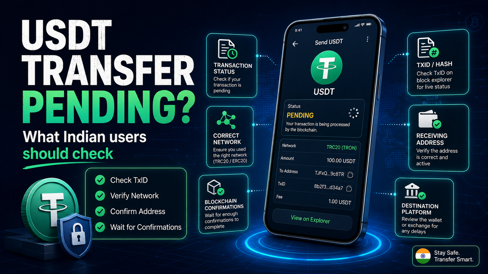 USDT transfer pending troubleshooting guide showing transaction status, network, wallet address and blockchain checks before sending again