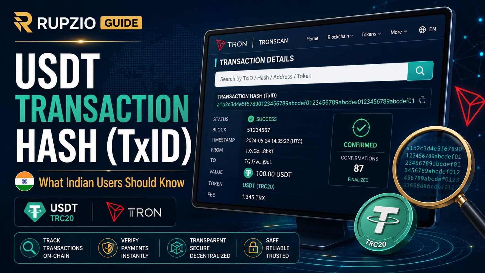 USDT transaction hash TxID guide showing TRONSCAN transaction details, TRC20 network, transaction status and blockchain verification