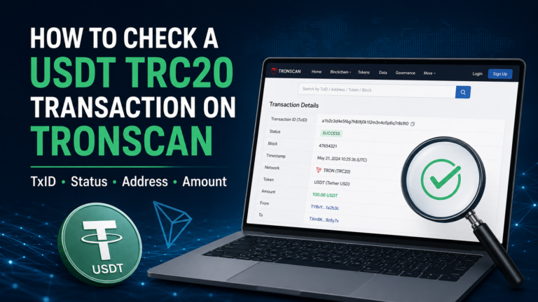 USDT TRC20 transaction on TRONSCAN showing TxID, transaction status, receiving address and USDT amount