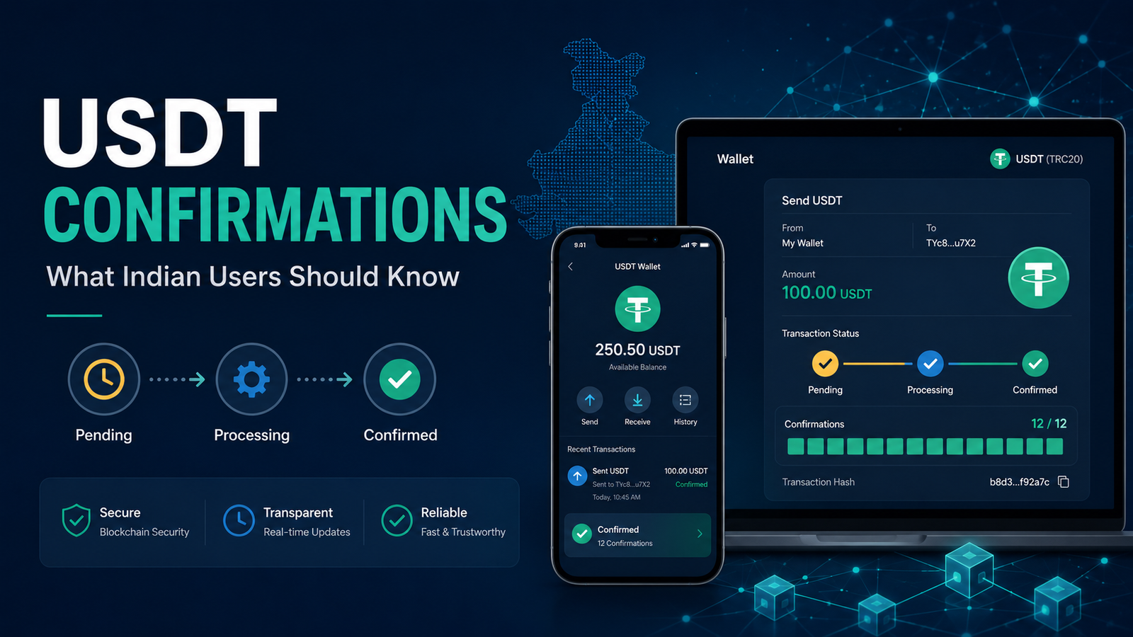 USDT confirmations guide showing pending, processing and confirmed transaction stages for a TRC20 transfer