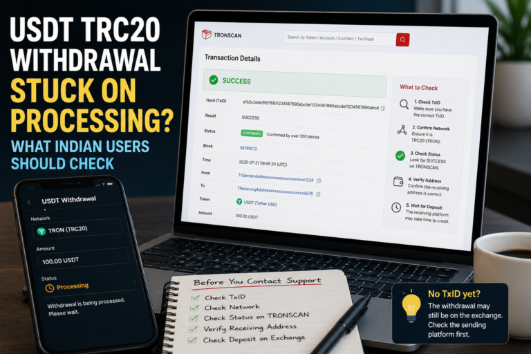 USDT TRC20 withdrawal stuck on Processing with TxID, TRONSCAN status and receiving wallet checks
