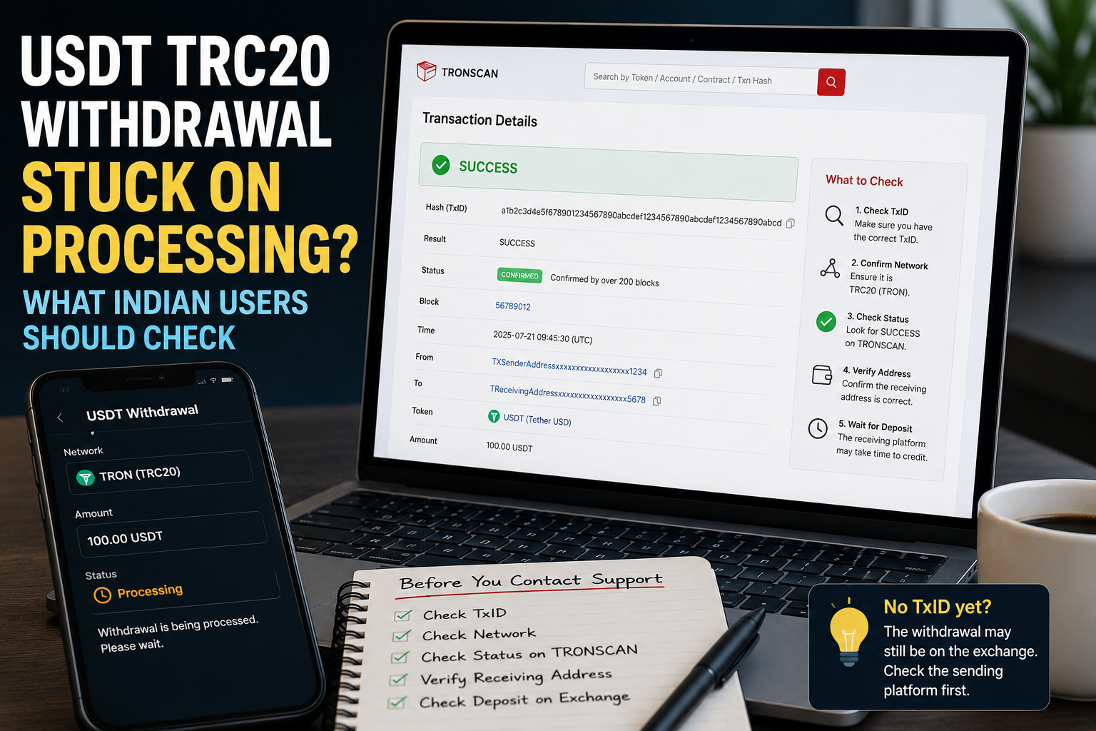USDT TRC20 withdrawal stuck on Processing with TxID, TRONSCAN status and receiving wallet checks