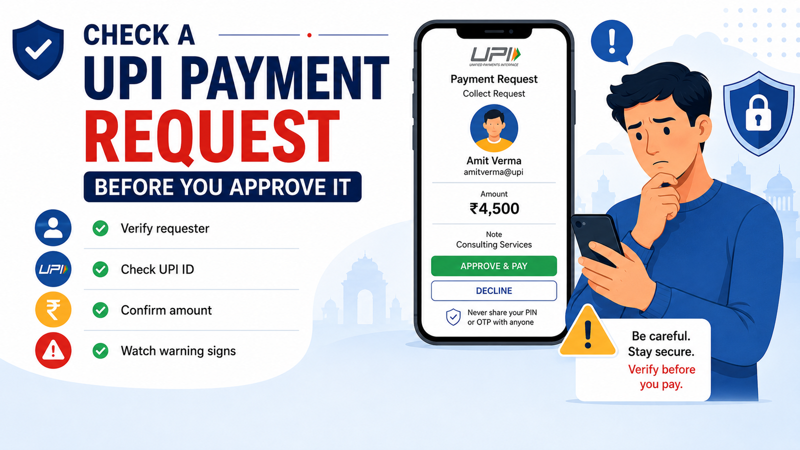 Indian user checking a UPI payment request on a smartphone before approving the transaction