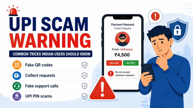 Indian user checking a suspicious UPI payment request and common UPI scam warnings